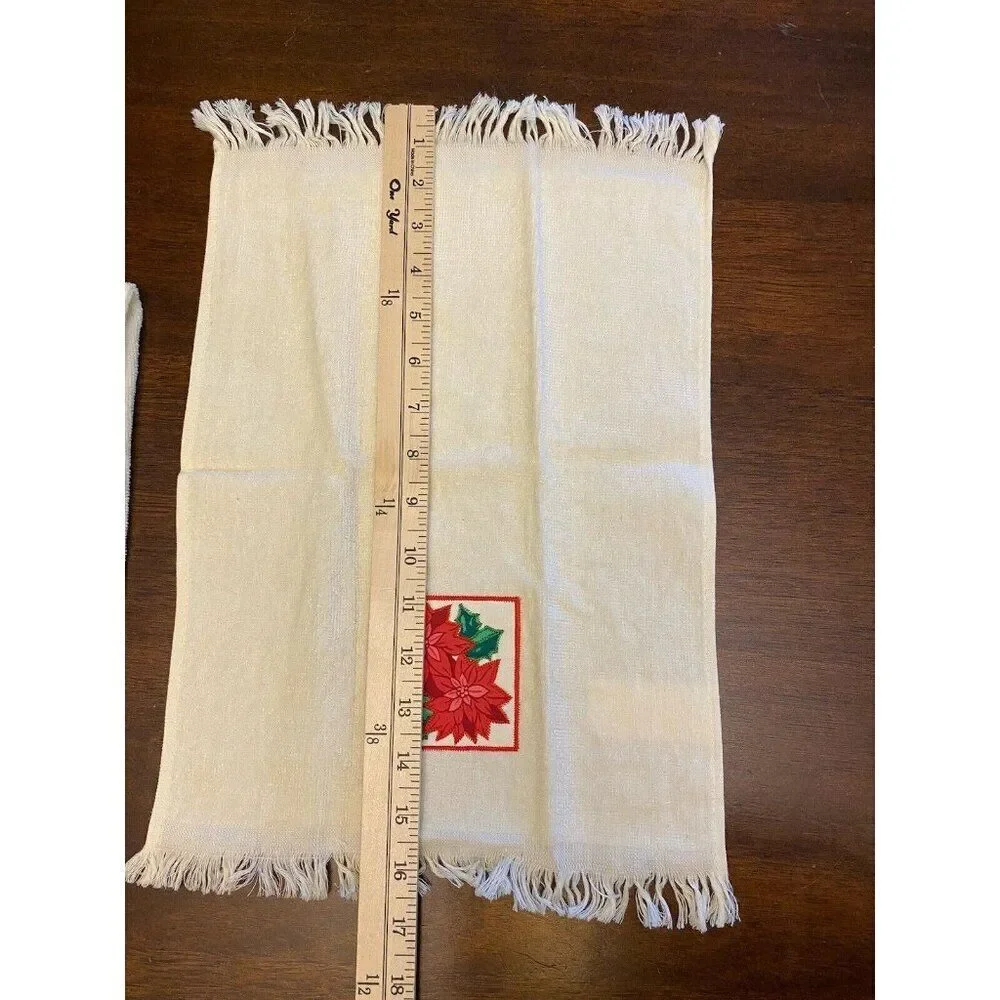 Mid Century Vintage Unbranded Embroidered Christmas Poinsetta Hand Towel Set 4
